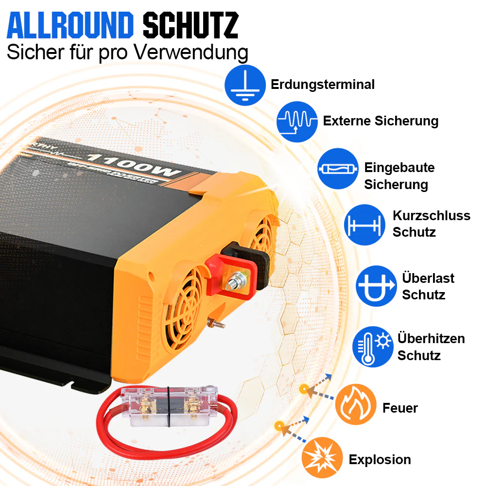 1100W 12V Solar Wechselrichter Reiner Sinus DC 12V AC 230V - Image 3
