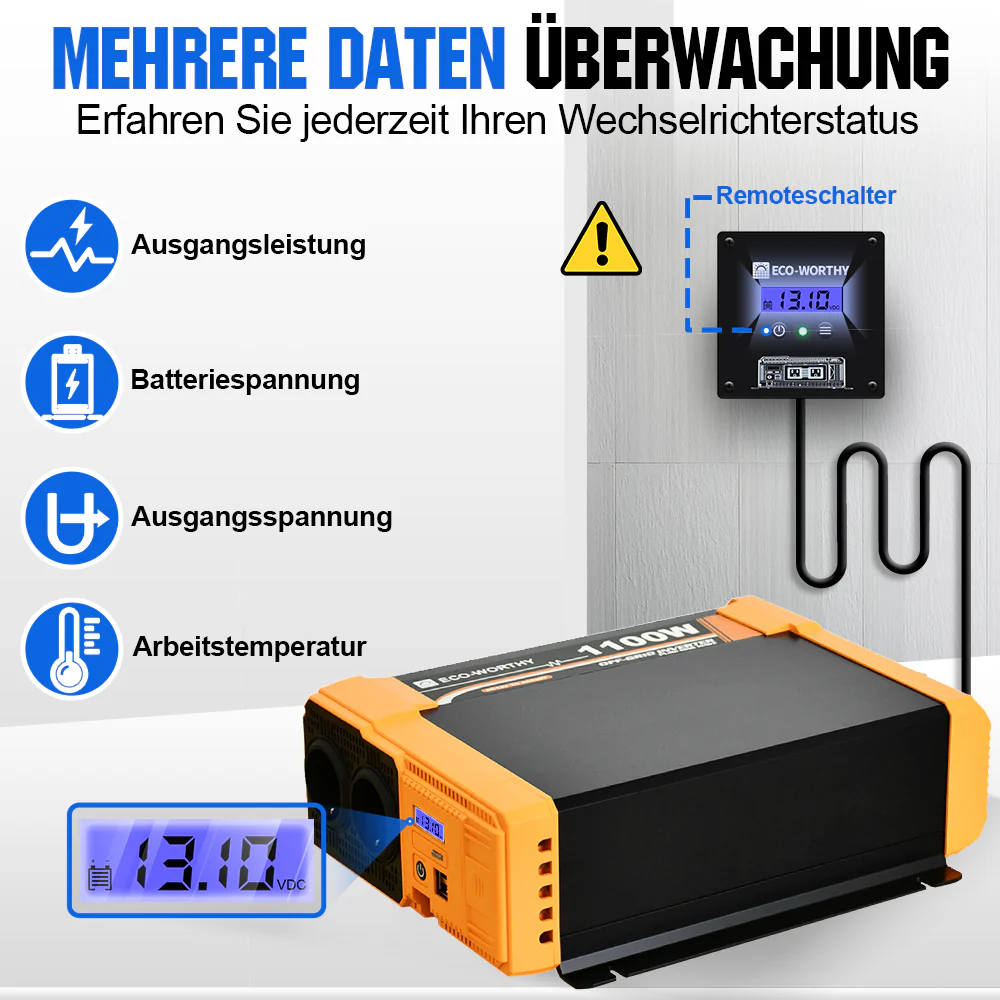 1100W 12V Solar Wechselrichter Reiner Sinus DC 12V AC 230V - Image 5