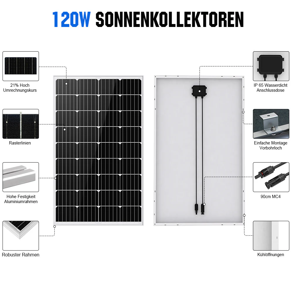 120Wp 240Wp 12V Komplettset Solaranlage mit 0,6kWh Lithium Speicher+600W Wechselrichter - Image 6