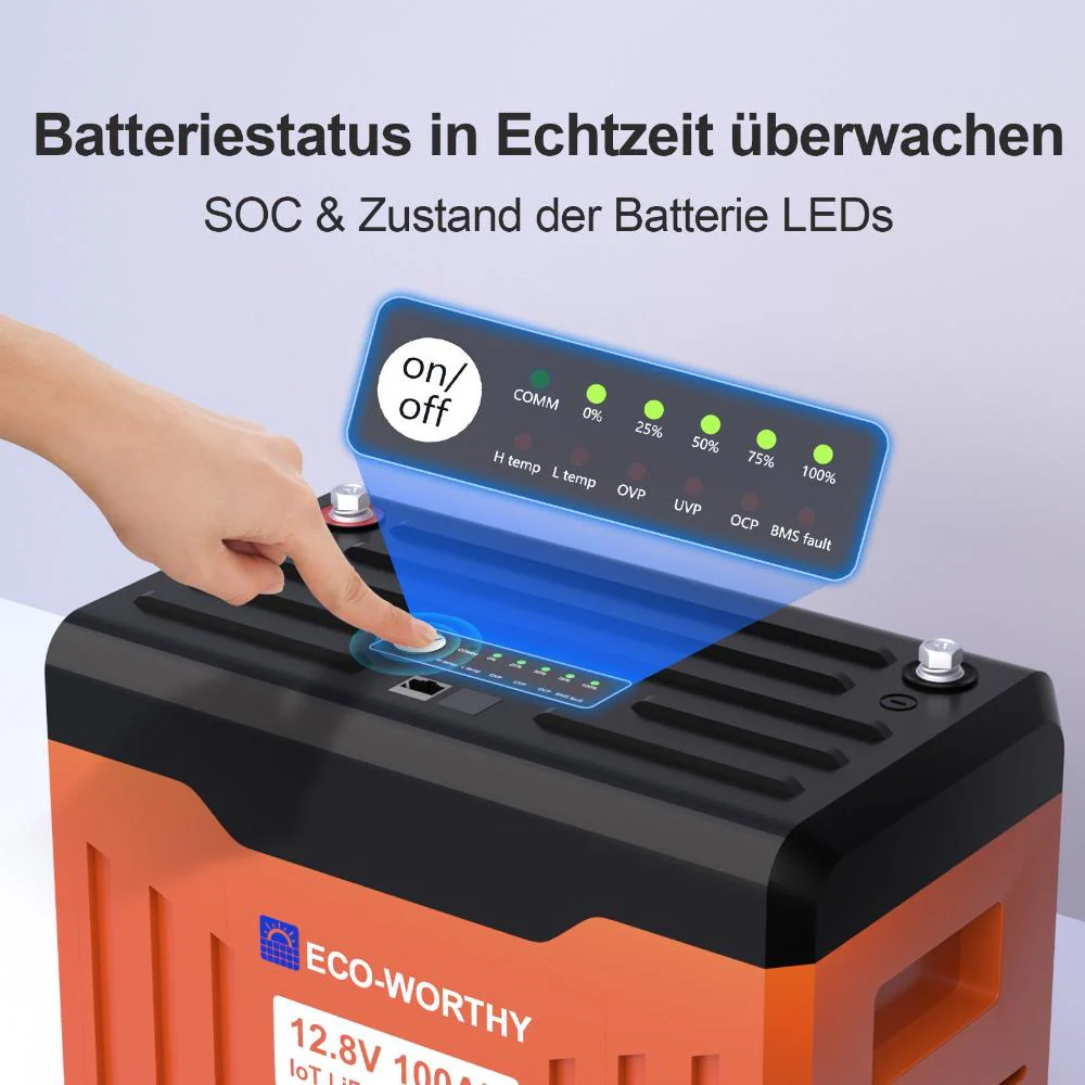 Eco-Worthy Schutz-Serie 12V 100Ah LiFePO4 Lithium Batterie—Bluetooth und Untertemperaturschutz—LED-Statusleuchte - Image 3