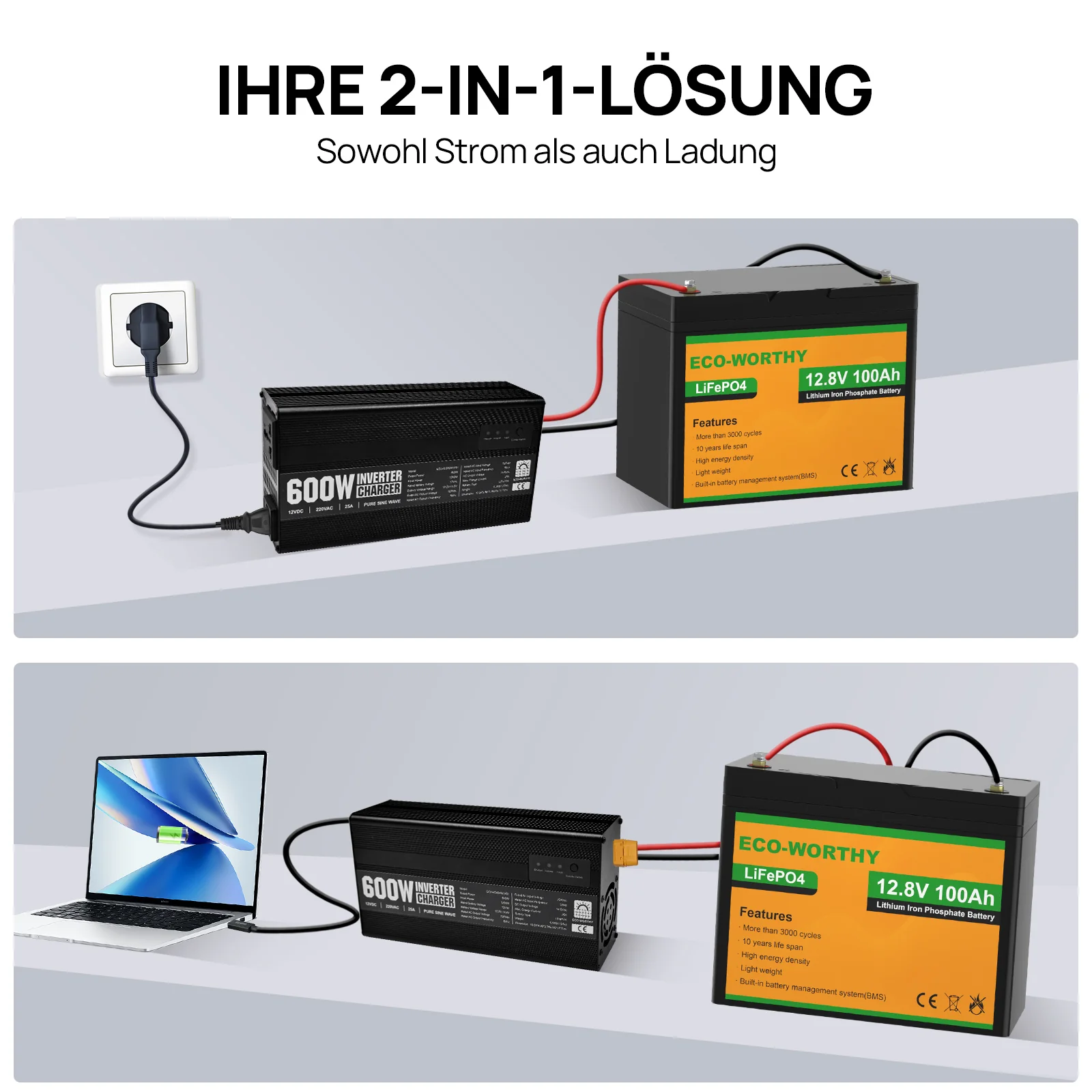14,6V 25A LiFePO4 Ladegerät mit 600W Wechselrichter 12V bis 230V für Batterie - Image 3