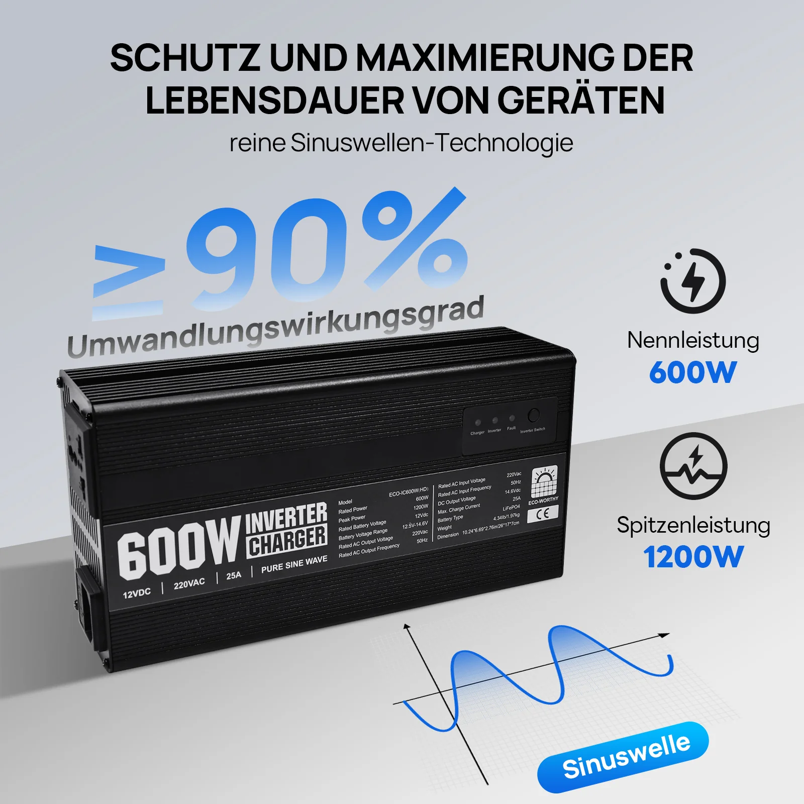 14,6V 25A LiFePO4 Ladegerät mit 600W Wechselrichter 12V bis 230V für Batterie - Image 4