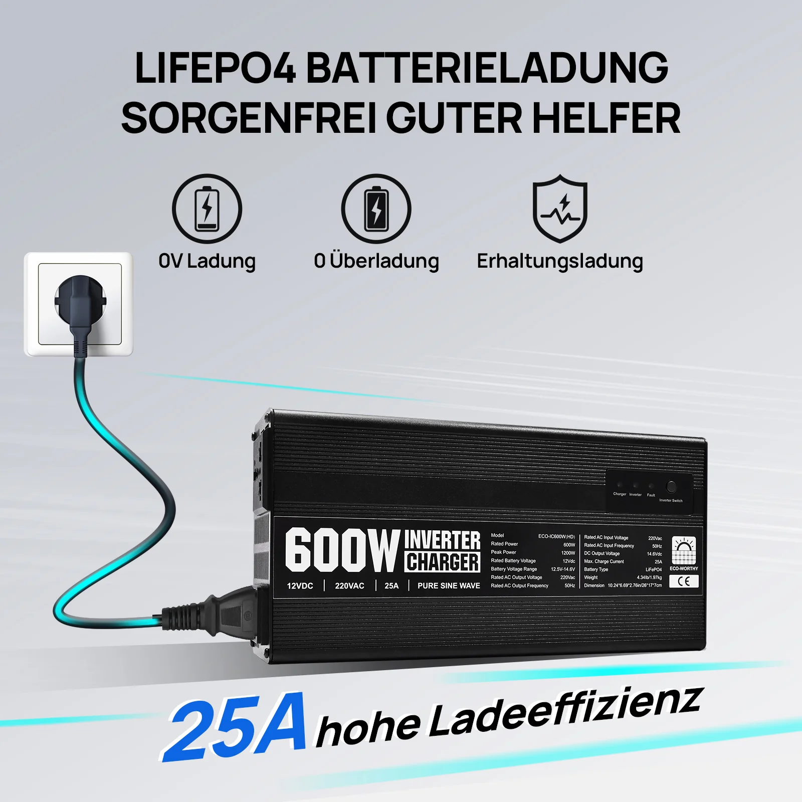 14,6V 25A LiFePO4 Ladegerät mit 600W Wechselrichter 12V bis 230V für Batterie - Image 6
