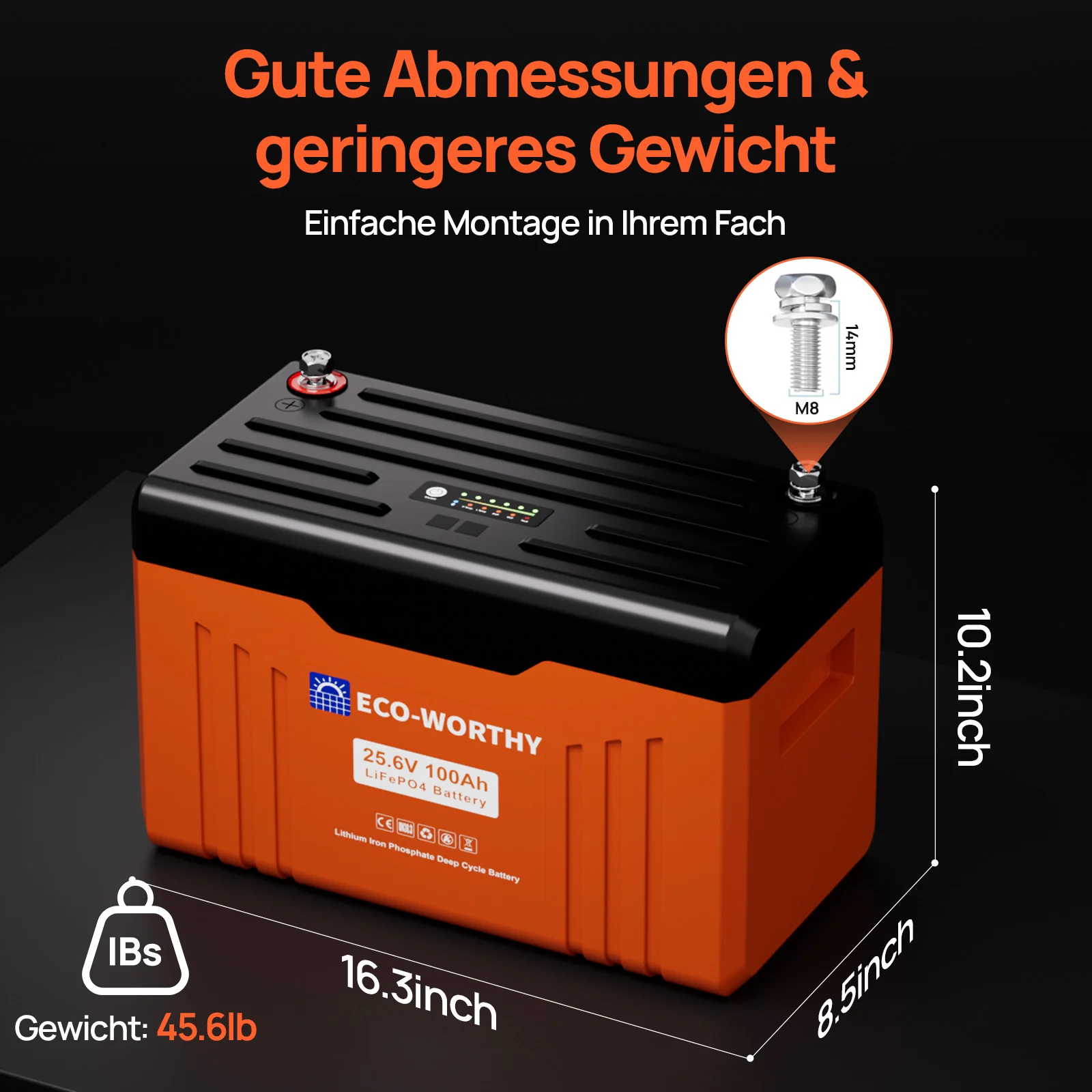Eco-Worthy Schutz-Serie 24V 100Ah LiFePO4 Lithium Batterie—Bluetooth und Untertemperaturschutz—LED-Statusleuchte - Image 8