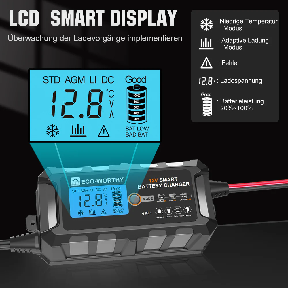 5A & 10A 12V Automatisches Intelligentes Batterie-Ladegerät mit LCD-Display für Lithium(LiFePO4) Batterien - Image 4