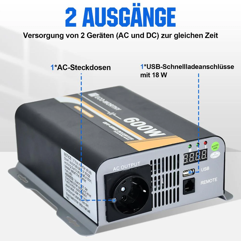 600W 12V Solar Wechselrichter Reiner Sinus DC 12V AC 230V - Image 4