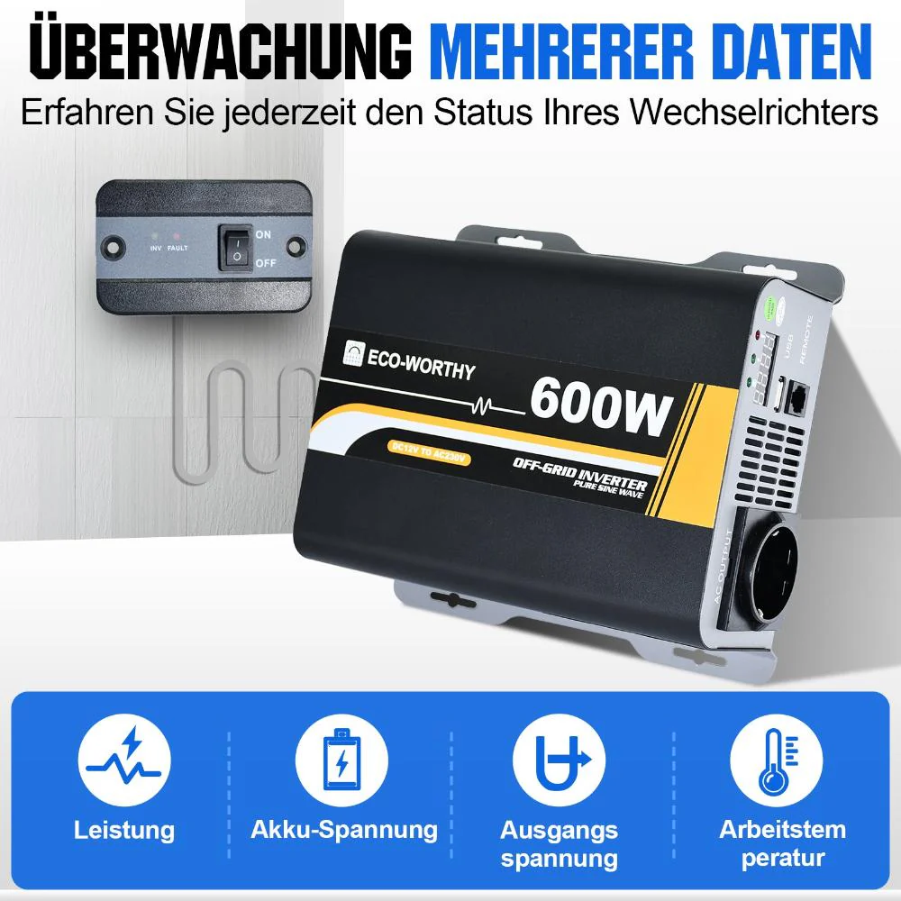 600W 12V Solar Wechselrichter Reiner Sinus DC 12V AC 230V - Image 5