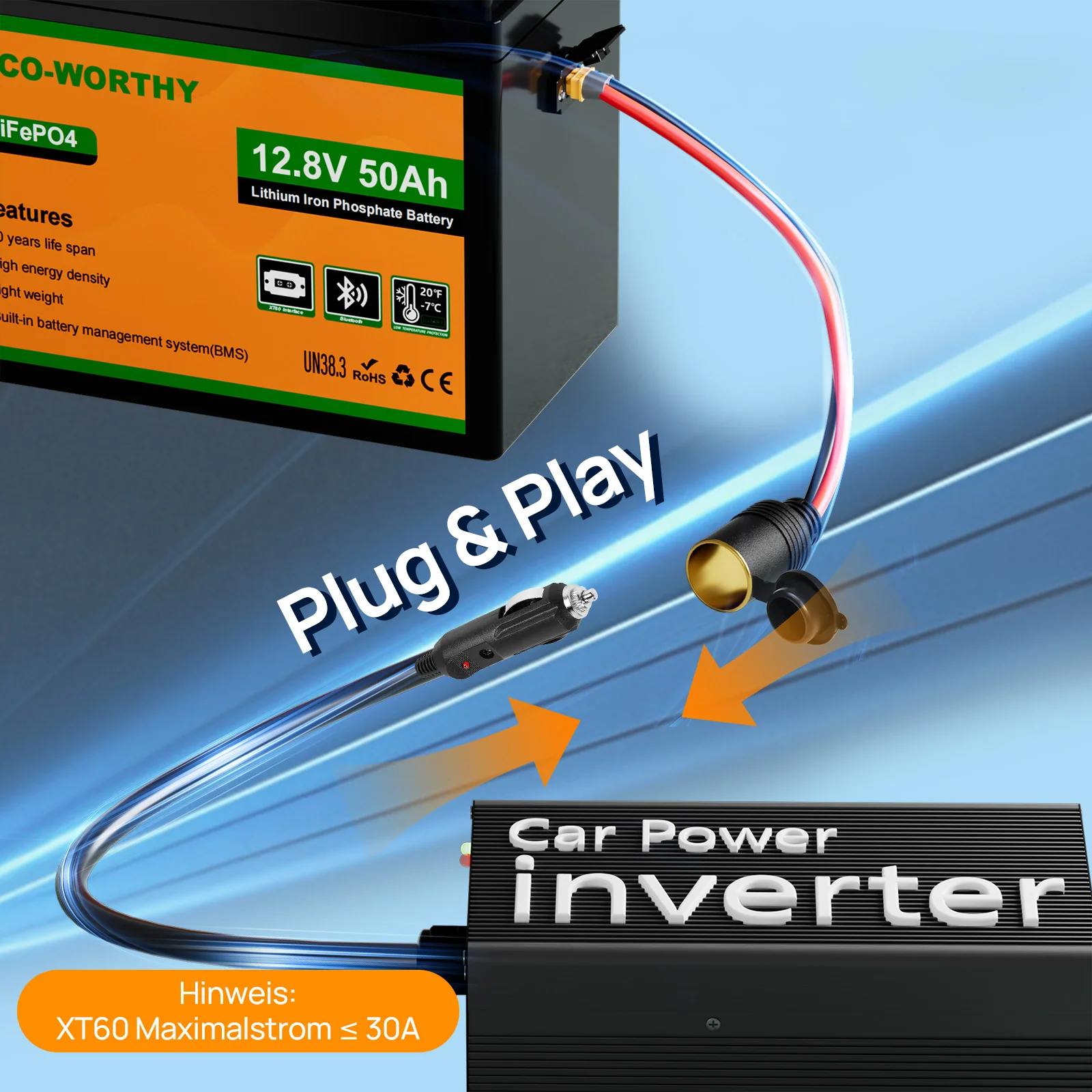 Eco-Worthy  12V 50Ah LiFePO4 XT60 Lithium Batterie mit Bluetooth und Untertemperaturschutz - Image 3